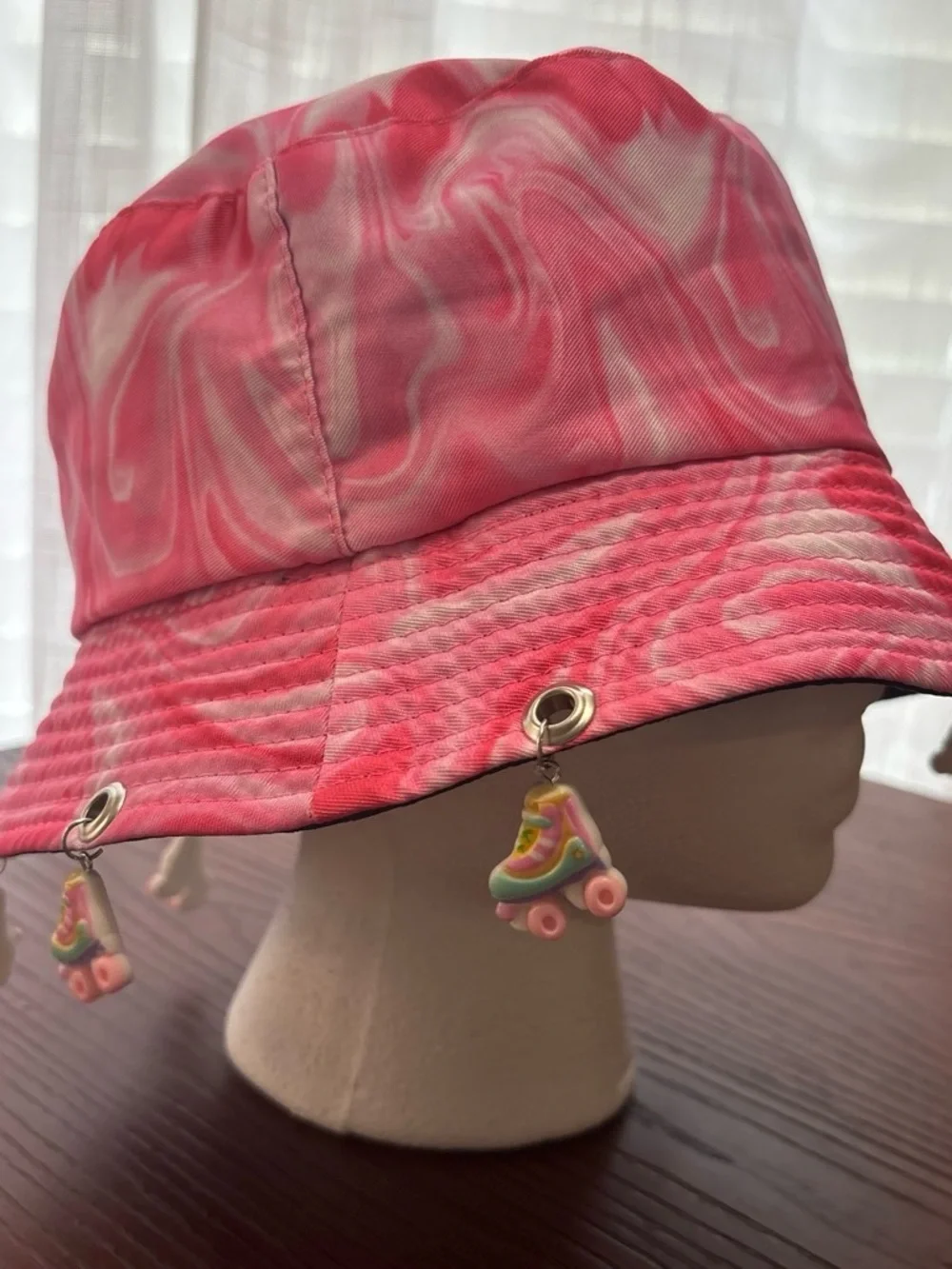 Pink Swirl Bucket Hat with Roller Skate Charms
